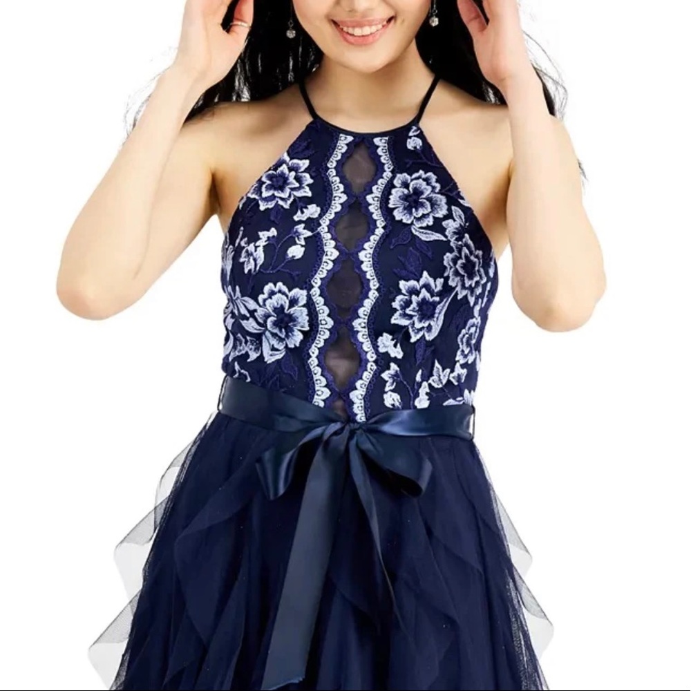 Teeze Me Juniors' Embroidered-Top Layered-Skirt Gown Navy size 6